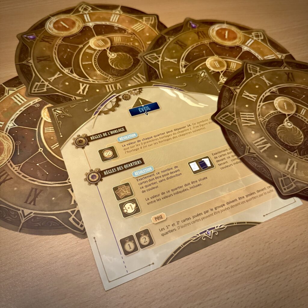 Le contenu du premier étui de Take Time : 4 horloges et 1 règle de jeu