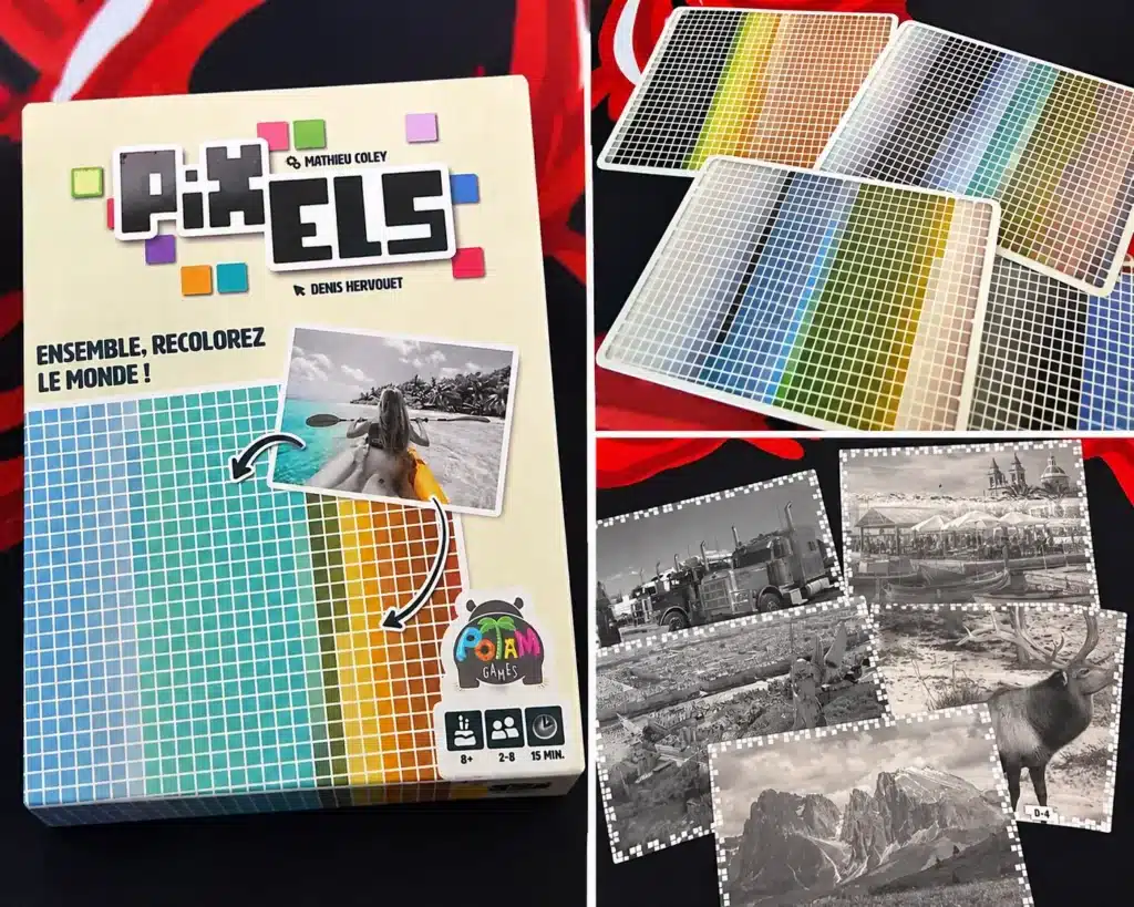 Boîte du jeu de société Pixels et quelques cartes de jeu